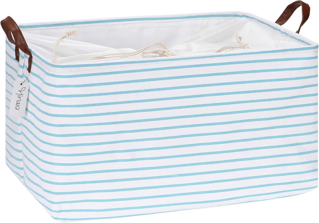 Hinwo 70L Extra Large Storage Bins, Closet Organizers and Storage, Foldable Clothes Storage Baskets with Handles, Containers for Clothing, Blanket, Comforters, Toys, Bedding (Aqua Stripe) (22" / 70L / 1-Pack)