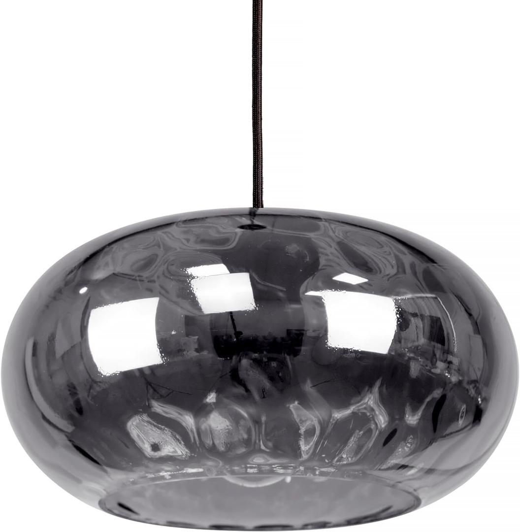 Smoked Grey Glass Pendant Lighting, 11" Hammered Lampshade Hanging Lamp, 1-Light Matte Black Chandelier for Dining Living Room Kitchen Island