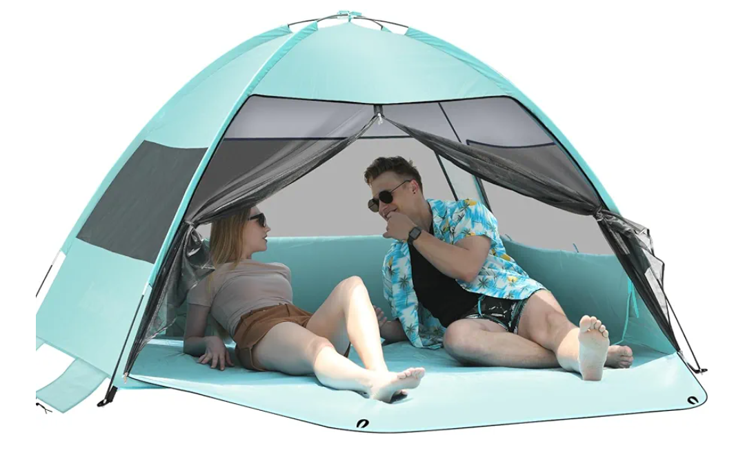 Large Easy Setup Beach Tent,Anti-UV Beach Shade Beach Canopy Tent Sun Shade with Extended Floor & 3 Mesh Roll Up Windows Fits 3 Person,Portable Shade Tent for Outdoor Camping Fishing (Mint Green)
