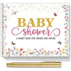 Baby In Bloom Baby Shower Guest Book Sign in Guest Book Reception with Sonogram Page Keepsake Includes Gold Pen Table Card and Adhesive Photo Corner for Birthday