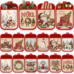 Jingmore 12 Pcs Christmas Pot Holders with Pocket Xmas Retro Pot Holders for Kitchen Winter Hot Pads Oven Mitts Cookie Bag Cute Heat Resistant Farmhouse Oven Gloves Baking Cooking