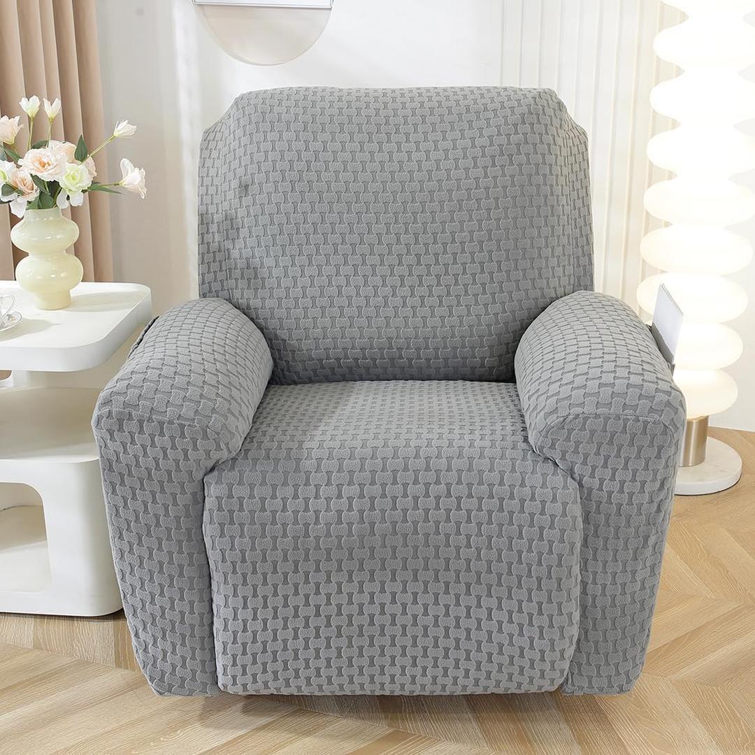 Vctops 4 Pieces Jacquard Plush Recliner Slipcovers Stretch Soft Sofa Couch Cover Anti-Slip Solid Color Furniture Protector with Elastic Bottom for Kids Cats Dogs (Dark Grey, 1 Seat)