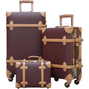 urecity Vintage Luggage Sets of 3 Piece - Hardside Lightweight Spinner Suitcases - Retro Travel Set includes Under Seat Train Case, 26"+20"+12" (Brown)