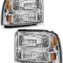 for 05 06 07 Ford F250 F350 F450 F550 Super Duty Headlight Assembly Compatible with with 2005 Ford Excursion Chrome Housing Headlamp Amber Reflector Left+Right Side(Bulbs not included)