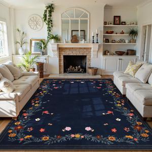 Beeiva Floral Washable Rugs 8x10, Large Soft Navy Blue Rug for Living Room Non-Slip, Ultra-Thin Room Carpet Bedroom Stain Resistant Under Table Carpet Low Pile (Navy,8'x10')