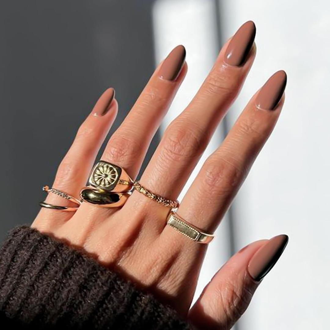 2 x Coffee Brown Press on Nails Almond Medium Fake Nails Solid Color Full Cover Artificial False Nail Glossy Manicure Glue on Acrylic Nail for Women