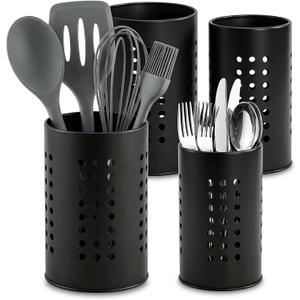 Nicunom Set of 4 Kitchen Utensil Holder for Counter, 2 Size Black Stainless Steel Cutlery Holder Large Cooking Utensil Crock Round Flatware Silverware Spatulas Utensil Organizer for Countertop