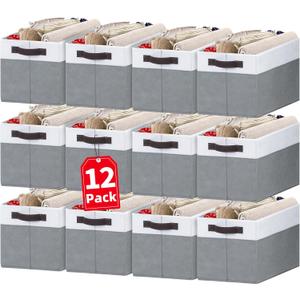 Criusia 12 Pack Large Storage Baskets for Shelves | Fabric Closet Organizers and Storage Bins with Handles for Home Organization | Decorative Collapsible Basket for Organizing Clothes Toy Nursery (12pcs - Rectangular 14"x10"x9.5", White with Grey)