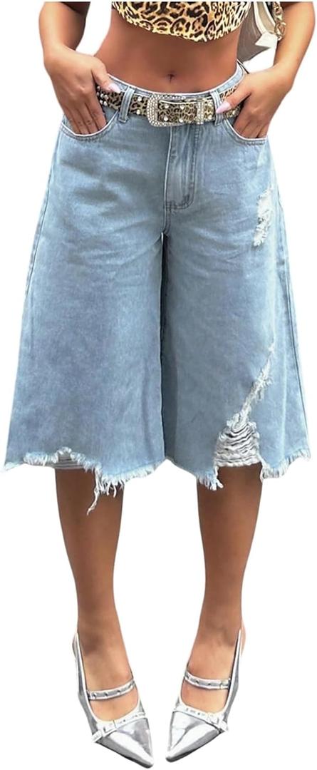 SOLY HUX Women's Summer Ripped Denim Shorts Y2k Wide Leg Baggy Cropped Jeans Capris Pants (Blue, XL)