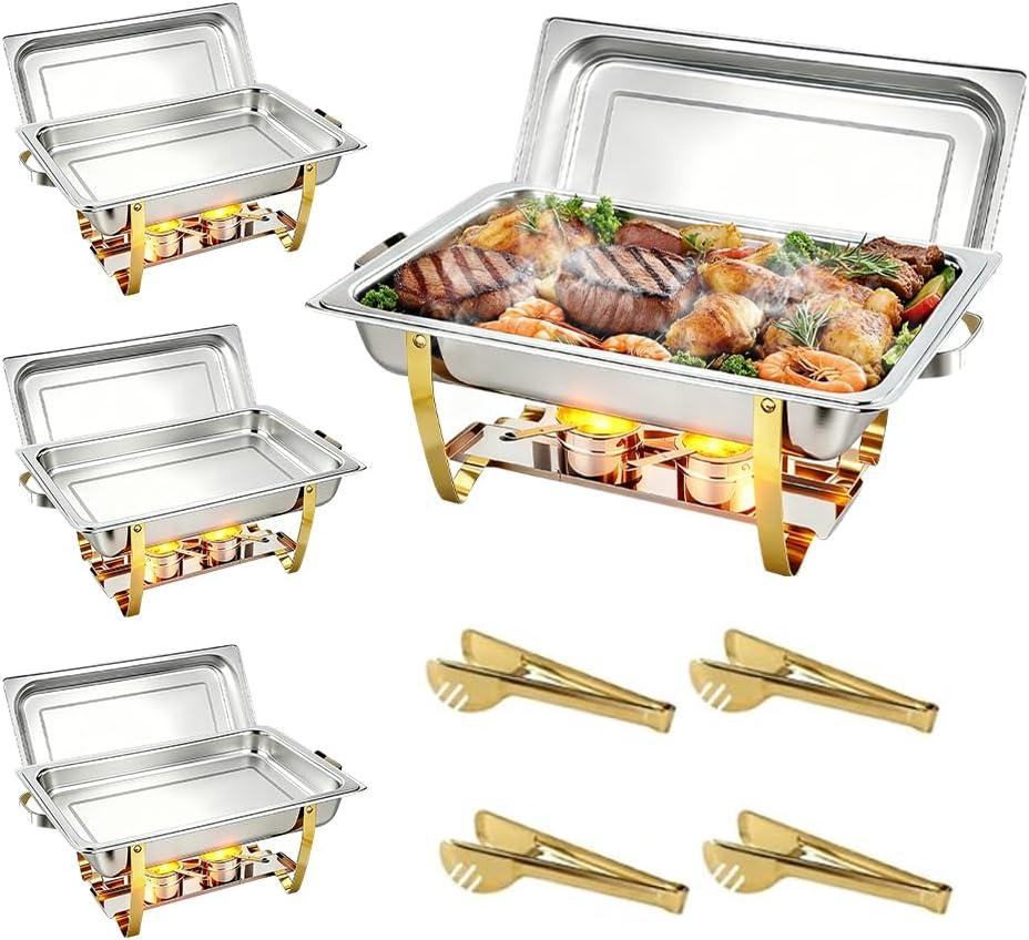 Stelora Chafing Dishes for Buffet, 9 Qt High Grade Chafing Dish Buffet Set, Rolled-Edge Design Food Warmers for Parties, Buffet, Wedding, Birthday, Camping 4 Pack 4 Pans (Gold)