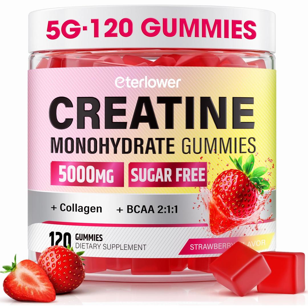Creatine Monohydrate Gummies, 5g Creatine Gummies for Women & Men.Pre-Workout & Muscle Growth Support, Contains BCAA, Collagen, Sugar-Free, 120 Count, EXP: 10/27/2027