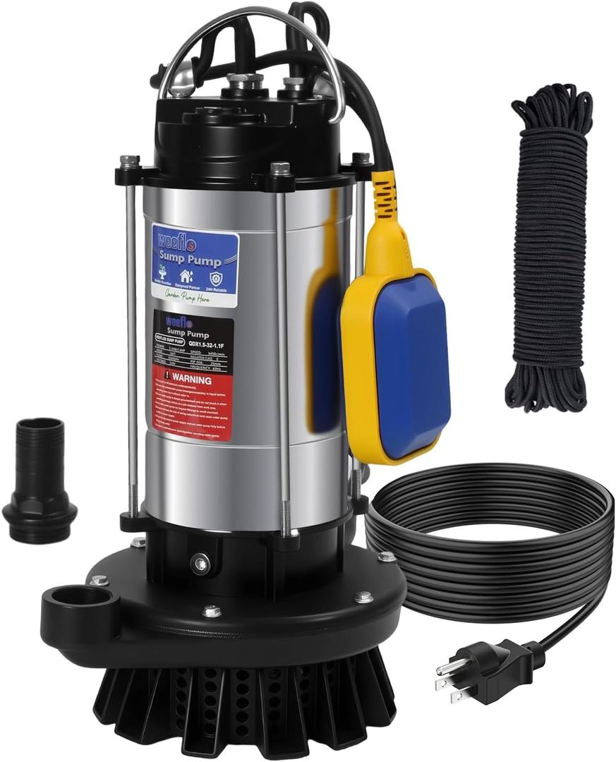 1.6HP Submersible Sump Pump Automatic Water Pump w/High Flow 5500 GPH 36ft Max Head, Irrigation, Swimming Pool, Garden Pond, Basement, Wells, 26ft Power Cord Stainless Steel(1.6HP/36FT)