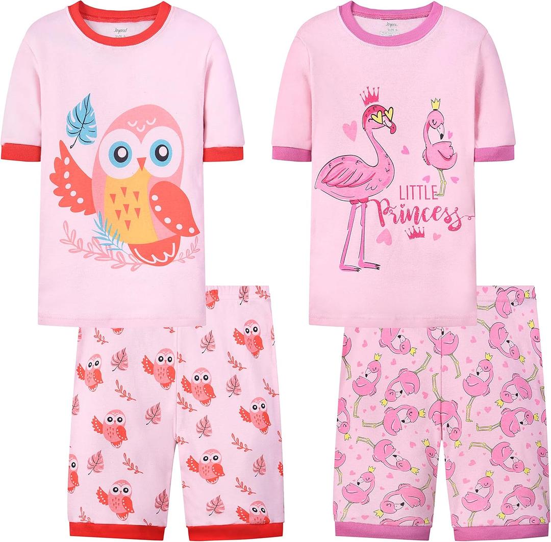 Joyond Girls Pure Cotton Summer Pjs Size 2T-14Years, Little Girls Short Sleeve 4-Piece Sleepwear Kids Toddler Pajamas Set (Pink Owl&flamingos)