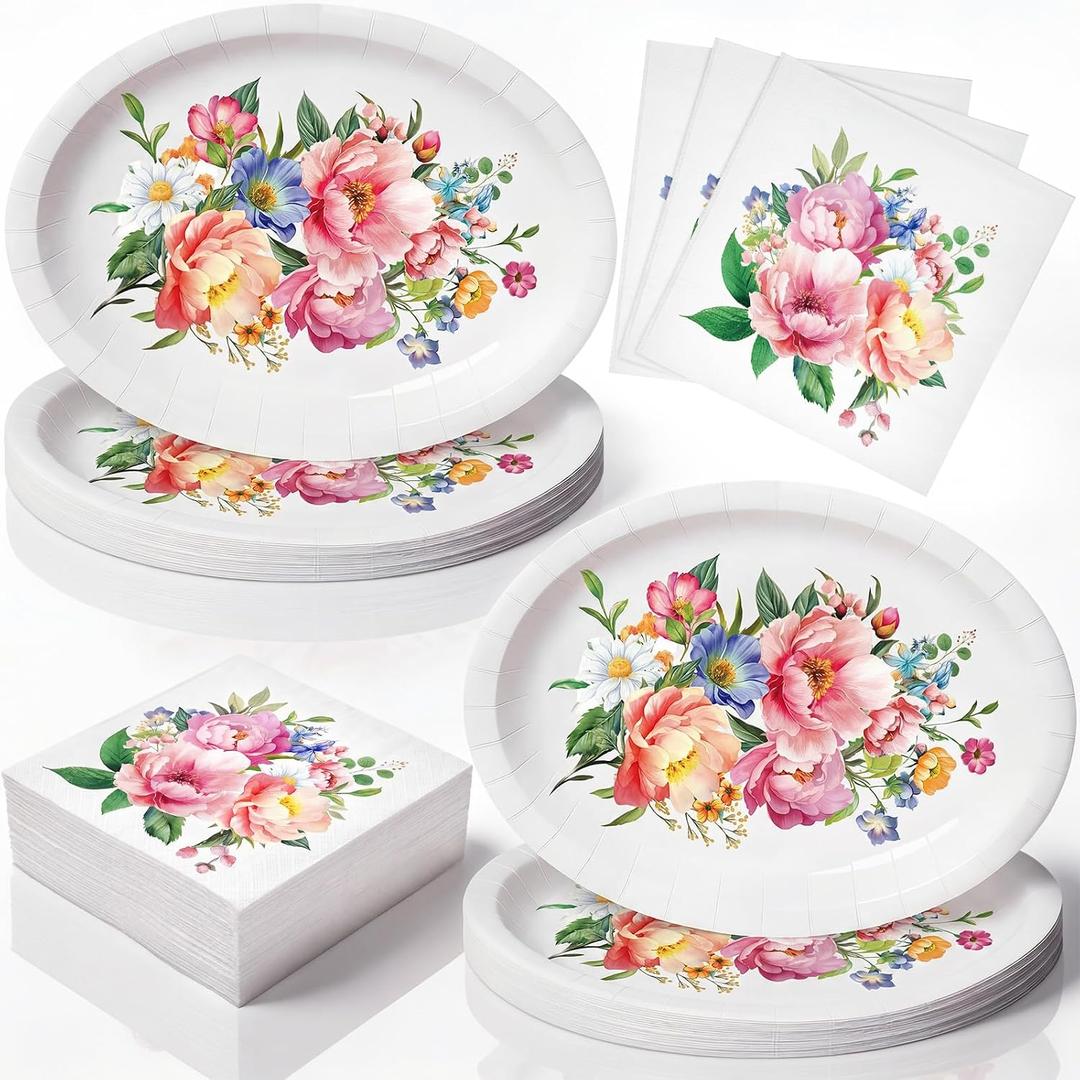 Maxdot 100 Pcs Pink Floral Plates and Napkins Bridal Shower Decorations, normal
