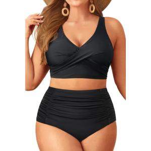Aqua Eve Women Plus Size Two Piece Swimsuit High Waisted Bikini Set Tummy Control Bathing Suit (Black, 16W)