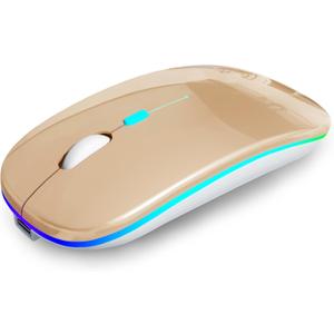 AIKOKOK Wireless Bluetooth Mouse, Rechargeable, Dual Mode Bluetooth 5.2 & 2.4G USB, LED Lights, Slim, Silent, Portable Computer Mouse for Laptop, PC, MacBook, iPad, Tablet (Gold)