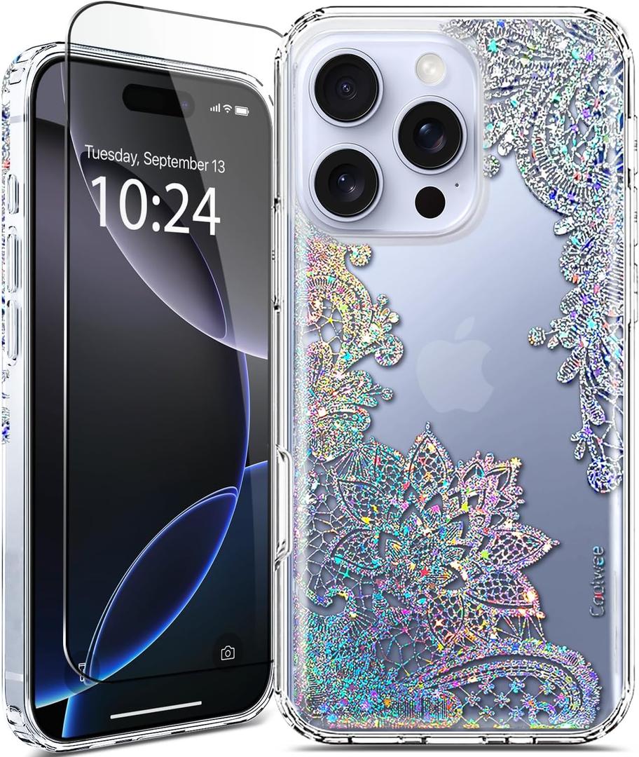Coolwee for iPhone 16 Pro Max Case Glitter, with Screen Protector, Cute for Women Girls, 10ft Military Grade Protective Cover for iPhone 16 ProMax Bumper Crystal Lace Bling Mandala, Clear Floral