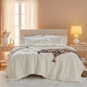 Fluffy King Comforter Set - Sherpa Comforter Set King Size Winter Use Warm Fleece Luxury 3 Pieces Bedding Comforter with 2 Pillow Shams Microfiber Plush Bed Set- Thanksgiving Choice (Cream-White)