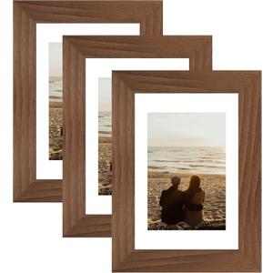 YESKAY 4x6 Picture Frame 3 Pack,Brown Wooden Frame with Tempered Glass,Display Pictures 3.5x5 with Mat or 4 x 6 Without Mat,4 by 6 Photo Frame for Wall or Tabletop