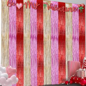 6 x 2 Pack 3.2ft x 9.8ft Valentine's Day Metallic Foil Fringe Curtain, Red Purple Rose Gold Tinsel Curtains Streamers Party Photo Booth Props Backdrop for Anniversary, Engagement, Romantic Love Decoration