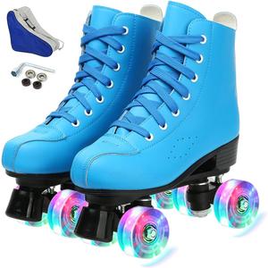 Women's Roller Skates PU Leather High-top Roller Skates Four-Wheel Roller Skates Shiny Roller Skates with Carry Bag for Girls (Blue Flash Wheel, Size: Women's 8.5 / Men's 7)