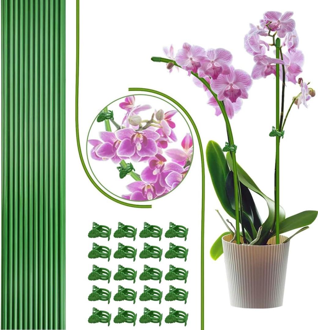 22Pcs Plant Stakes with 22 Pcs Clips, 15.8 inches Bendable Green Plant Sticks for Indoor and Outdoor Plants,Potted Plants,Single Stem Flower Support for Orchid Peony Rose (22, Green)