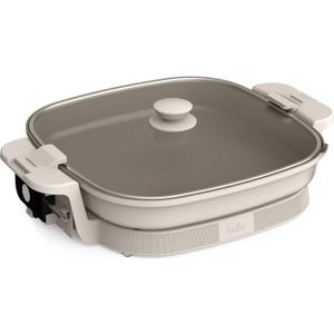 bella Make & Take XL Electric Skillet, Fits-anywhere kitchenware, EverGood Ceramic Coating, Adjustable Temperature & Dishwasher-Safe Tempered Glass Lid, Cast Aluminum Base, 1200 Watt,  14" x 14", Oatmilk
