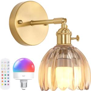 Shenmoyl Vintage Battery Operated Wall Sconce with Amber Tulip Glass Lampshade Rechargeable Battery Powered Wall Light with Remote Control for Bedside Bedroom Doorway