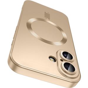 LEKEVO Magnetic for iPhone 16 Case [Compatible with MagSafe][Built-in Camera Lens Protector] Slim Soft Silicone Bumper Shockproof Metallic Luster Phone Case (Gold)