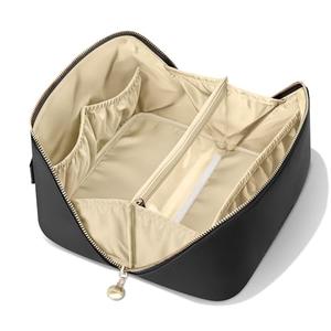 MSTONAL Travel Makeup Bag, Large Capacity Cosmetic Bags for Women, Waterproof Portable Pouch Open Flat Make up Organizer Bag with Dividers and Handle, Toiletry Bag for Essentials, Medium Size, Black