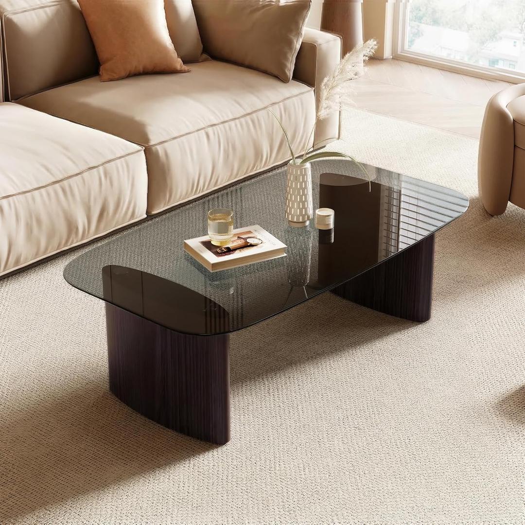 Modern Glass Coffee Table, Coffee Table for Living Room,Tempered Glass-top with Sturdy Wooden Base, Modern Coffee Tables for Small Space, Apartment, Office, Minimalist Design (Walnut)