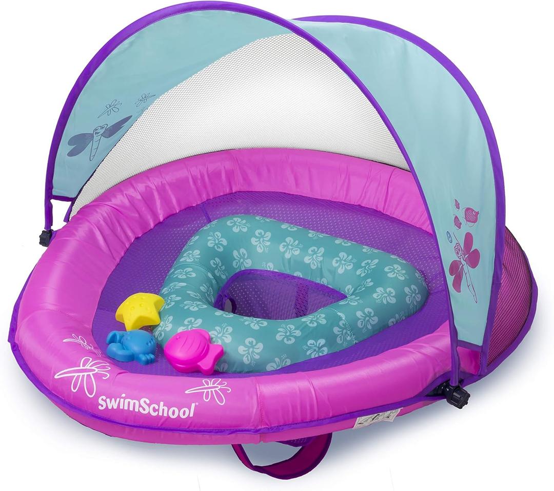 SwimSchool Infant Baby Pool Floats, Free Swimming, Super Buoyant  Ages 6-24 Months  Multiple Colors/Styles  Adjustable Canopies and Seats, Splash & Play Baby Floaties (Flotador de beb rosa/aguamarina con toldo)