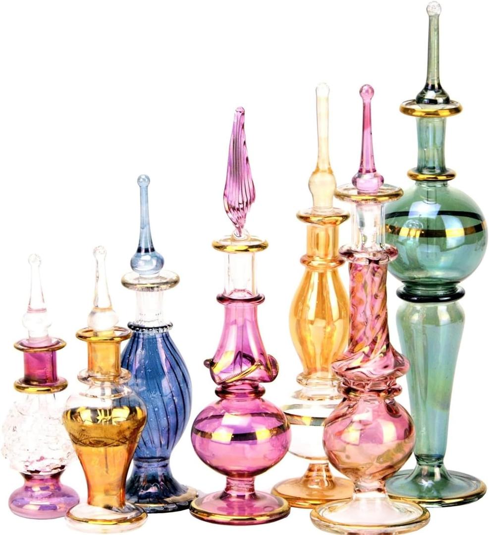 NileCart Set of 12 Egyptian Perfume Bottles Wholesale Mix Collection hand Blown Decorative Bottles 2-5 in with handmade golden Egyptian decoration for Perfumes & Essential Oils.