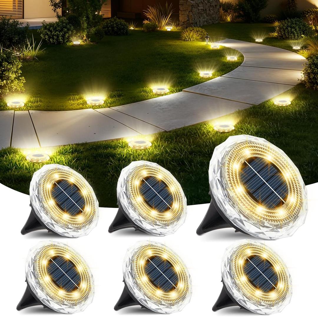 echosari 6 Pack Solar Ground Lights, Upgraded Solar Garden Lights Auto ON/Off Landscape Lighting Outdoor In-Ground Lights Waterproof Long Lasting for Pathway Walkway Patio (Warm White)