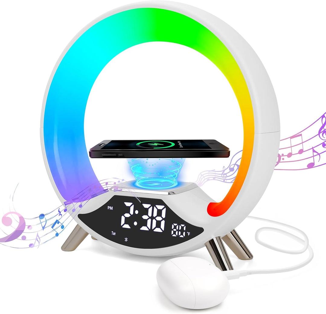 GuDoQi Sunrise Alarm Clock with Fast Wireless Charger Station and Bluetooth, Full Screen with Sunrise Simulation Light, Sleep Aid, Dual Alarms, FM Radio, More Than 10 Colors Nightlight for Bedrooms (White)