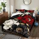 CCoutueChen Vintage Floral Comforter Set King Size Red Black White Botanical Flower Bedding Set 3 Piece Gold Leaf Bedding for Women Elegant Flowers Comforters Soft Down Alternative Comforter Sets