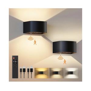 FULEN Motion Sensor Wall Light with Remote Control 3 Colors Wireless Wall Lamp LED Indoor Up and Down Wall Sconce 5000mAh Rechargeable Battery Powered Wall Lamps Brightness Adjustable, Black 2 Pack