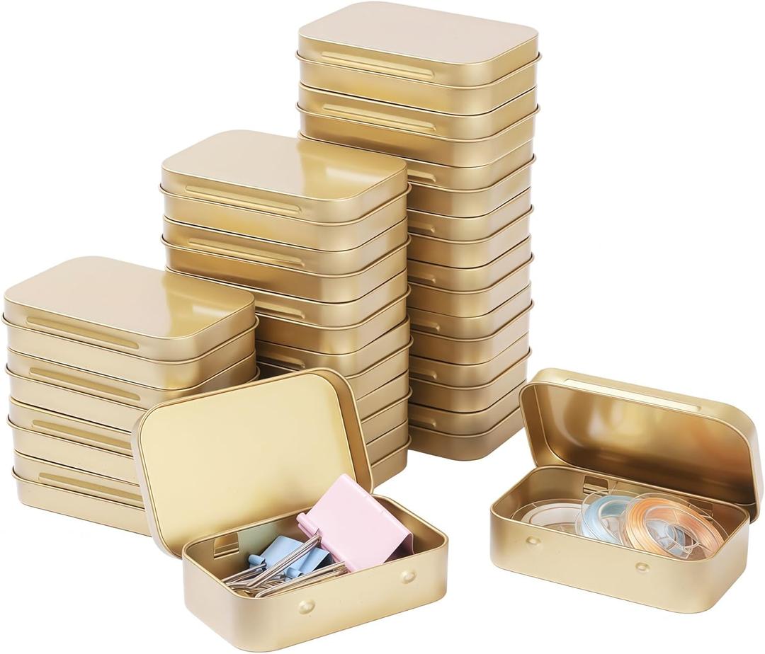 LJY 20-Piece Metal Hinge Tin Box Containers - For Gift Wrapping. Dental Floss Stick - Toothpick Holder and a Sliding-Cover Dental Floss Pick Storage Box (Golden, 20 Pcs 3.7"x2.4"x0.9")