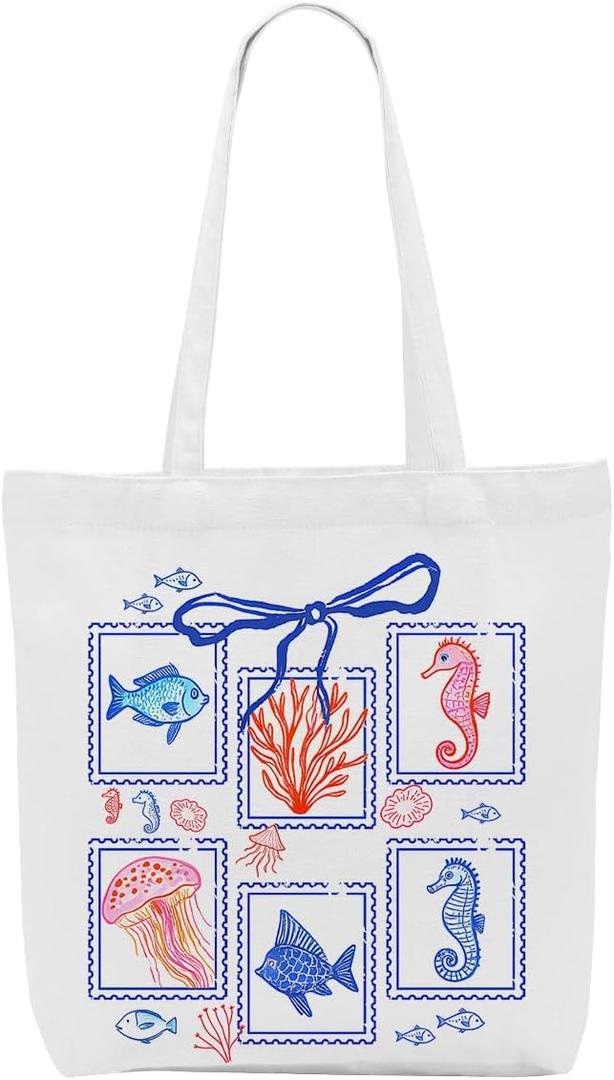 Bow Coastal Ocean Animals Seahorse Sea Turtle Gift for Women Canvas Tote Bag Beach Bag Grocery Bags for Girls Trip