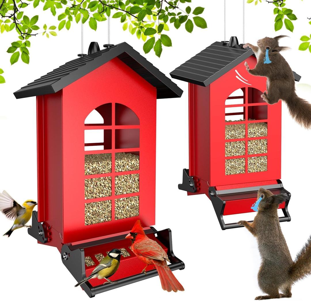 Wildpark Squirrel Proof Bird Feeder for Outdoors Hanging, 8LBS Metal Hanging Bird Feeder with Bilateral Weight-Activated Perches, Large Capacity Wild Bird Feeder - Squirrel Chewing ProofRed