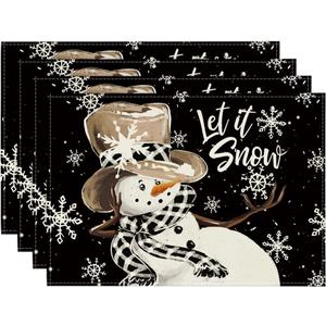 Artoid Mode Black Snowman Snowflakes Let it Snow Winter Placemats Set of 4, 12x18 Inch Seasonal Christmas Table Mats for Party Kitchen Dining Decoration
