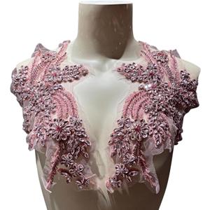 1 Pair of Handmade Rhinestone Appliques,26.5 * 18cm Pink Applique for Dress Wedding, Banquet Evening Gown,Photograph Shot Sewing Rhinestone Patches(Pink)