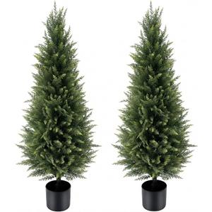 4FT Artificial Cedar Topiary Trees (Set of 2) - UV Resistant Outdoor Indoor Potted Plants, Realistic Faux Cedar Bushes for Porch, Front Door, Patio, Home & Office Decor, No Maintenance