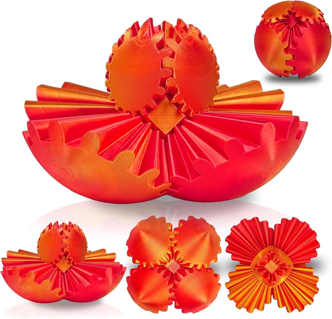 Gear Sphere Fidget Toy Gear Ball 3D Printed Rotating Ball or Cube Fidget Toy, Stress Gearsphere Desk Toy for Anxiety Relief ADHD (1 Pcs Red & Gold)