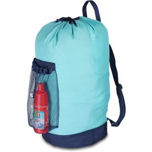 Dalykate Laundry Backpack with Shoulder Straps and Mesh Pocket Durable Nylon Clothes Hamper Bag with Drawstring Closure for College, Travel, Laundromat, Apartment (Blue)