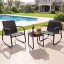 YITAHOME 3 Piece Outdoor Rocking Bistro Set, Textilene Patio Furniture Set with Wooden Armrests, Porch Chairs Set with Glass Table for Garden, Lawn, Poolside, Balcony, Dark Gray