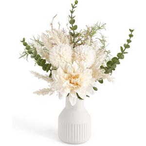 Mkono Small Artificial Flowers in Ceramic Vase 13.5" Centerpieces Coffee Table Decor, Silk Flower Arrangements for Home Decor Indoor Fake Flower Bouquet for Dining Room Kitchen Wedding, White