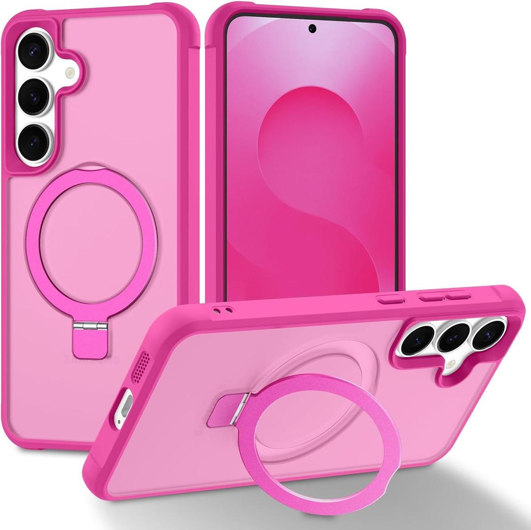 Magnetic Compatible with Samsung Galaxy S25+ & S24+ Case with Stand [Military Grade Drop][Compatible with Magnet] Ring Holder Translucent Slim Hard Back Soft Edge, Rose Red