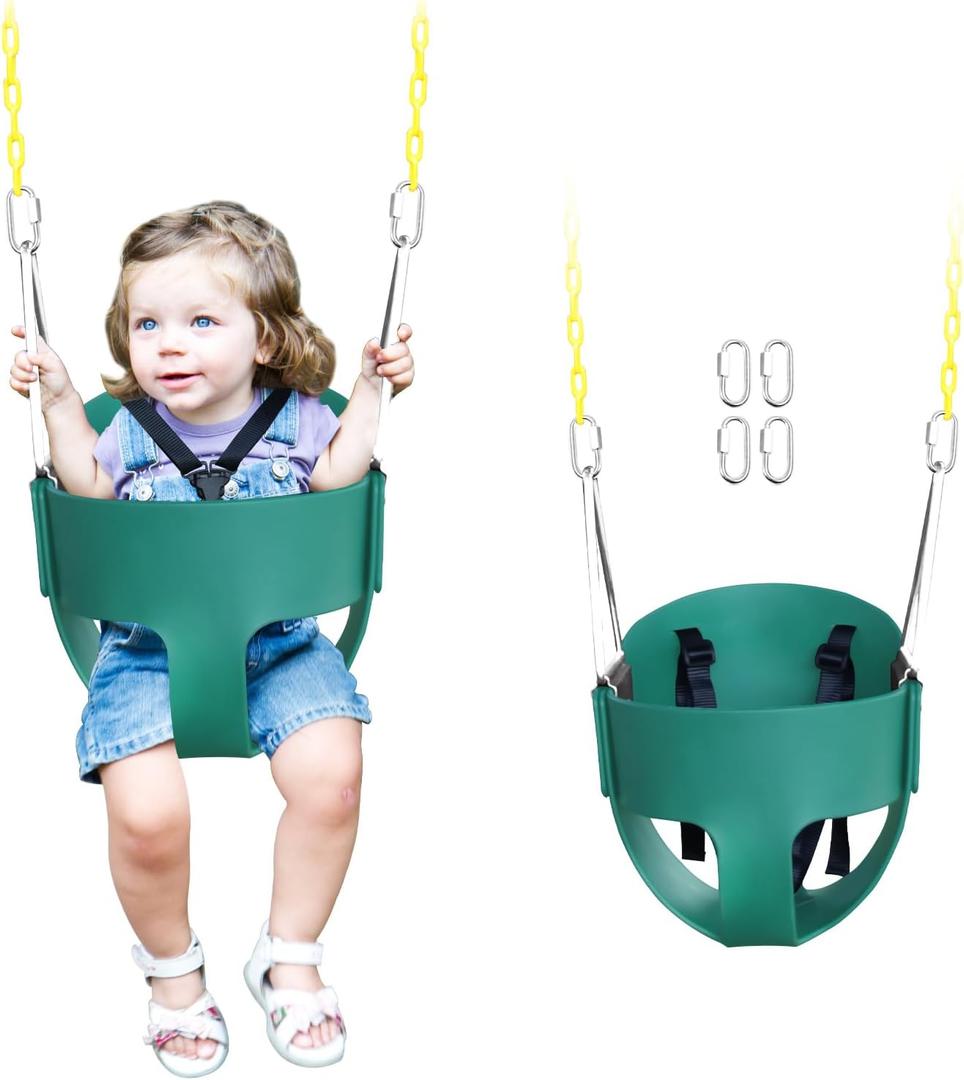 High Back Full Bucket Toddler Swing Seat with 3- Point Adjustable Safety Harness, 66 inch Detachable Chain,Suitable for Babies Aged 6-24 MonthsBaby Swing for Swingset (Green)