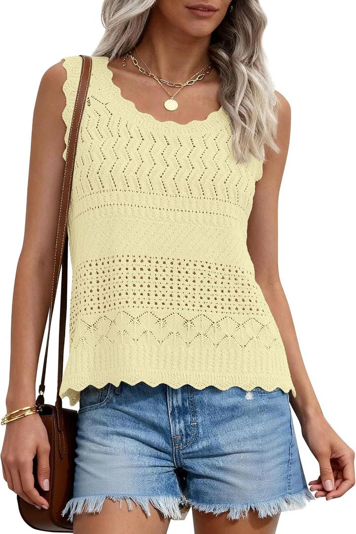 PRETTYGARDEN Womens Crochet Tank Tops 2026 Summer Spring Sleeveless Tops Cute Sweater Vest Trendy Boho Beach Vacation Clothes (Beige, S)